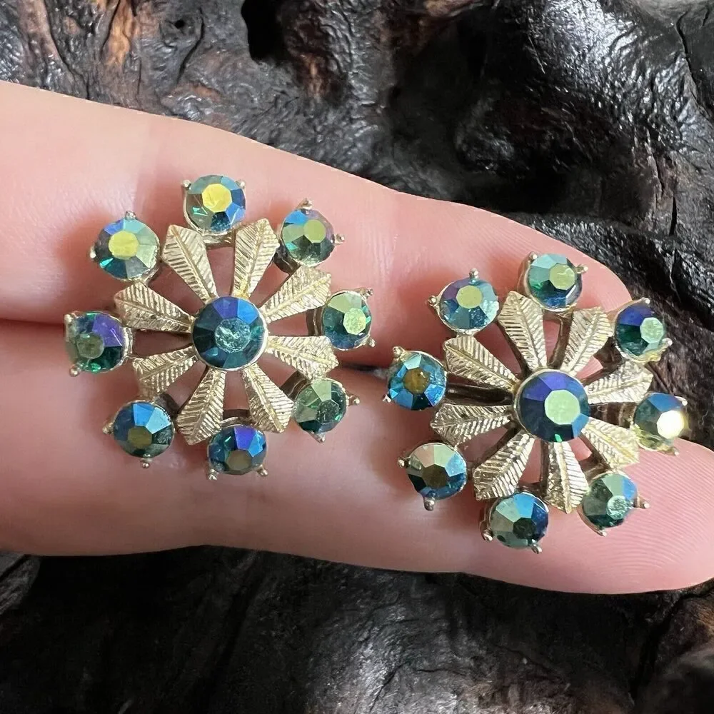 Vintage Coro Screw Back Earrings Peacock Feather Blue Green AB Aurora Borealis
